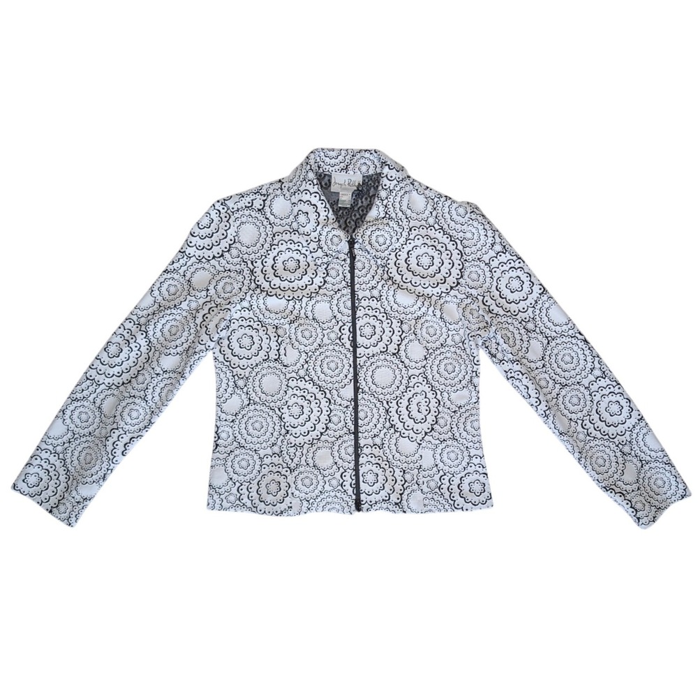 Y2K Vintage Joseph Ribkoff Sz. 14/ XL White Black Floral Pattern Zip Up Jacket
